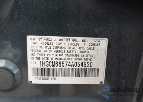 2004 Honda Accord 3.0 Ex z USA, uszkodzony, nr VIN 1HGCM66574A054520